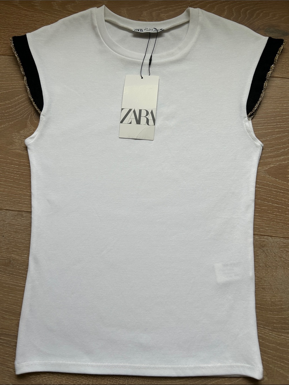 Zara White Tank with Black Sleeves and Gold Trim, New with Tags, Sz Small
